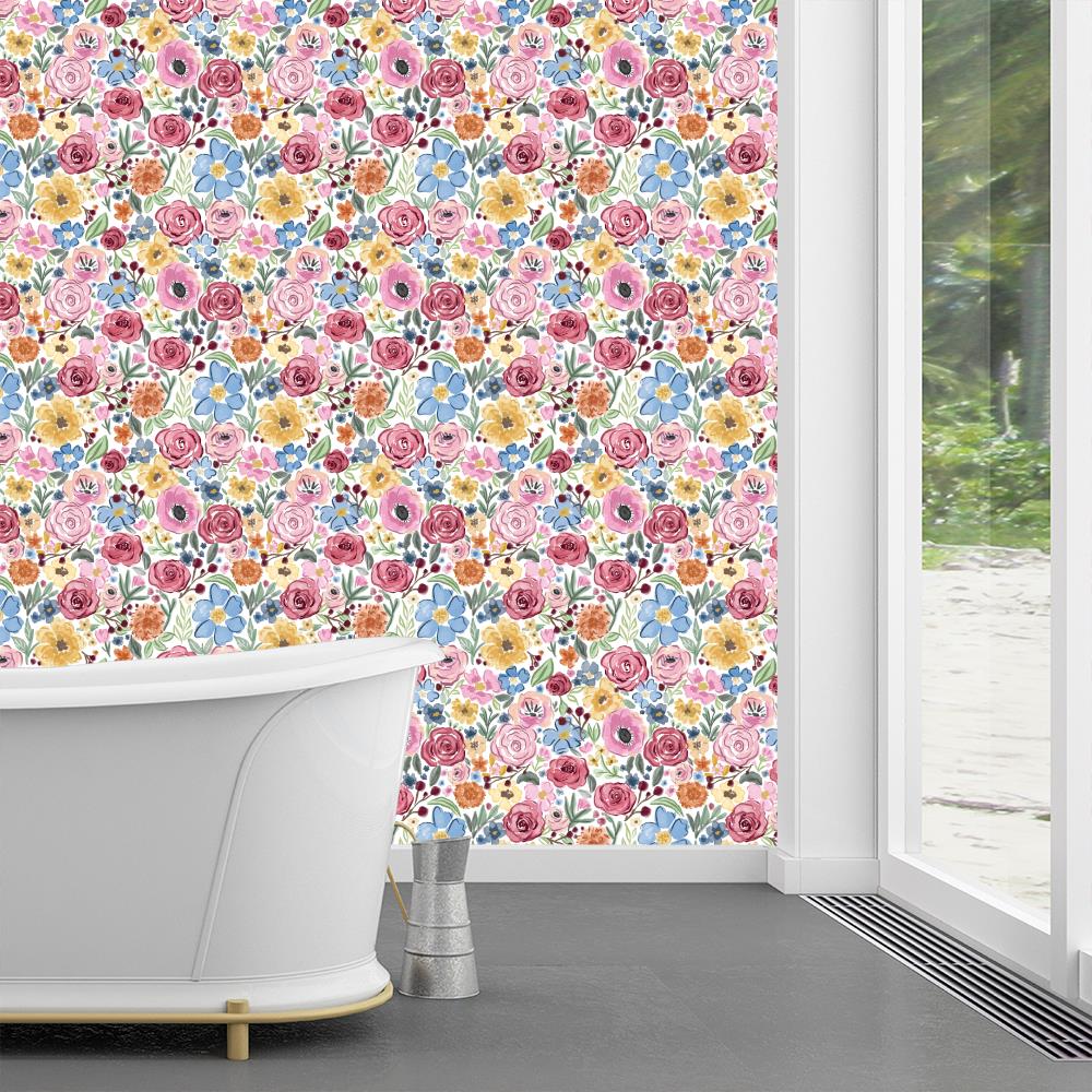 Cheerful, Floral, roses, flowers, wildflowers, colorful, spring, kids, girls room, white, pink, yellow, periwinkle, green, whimsical