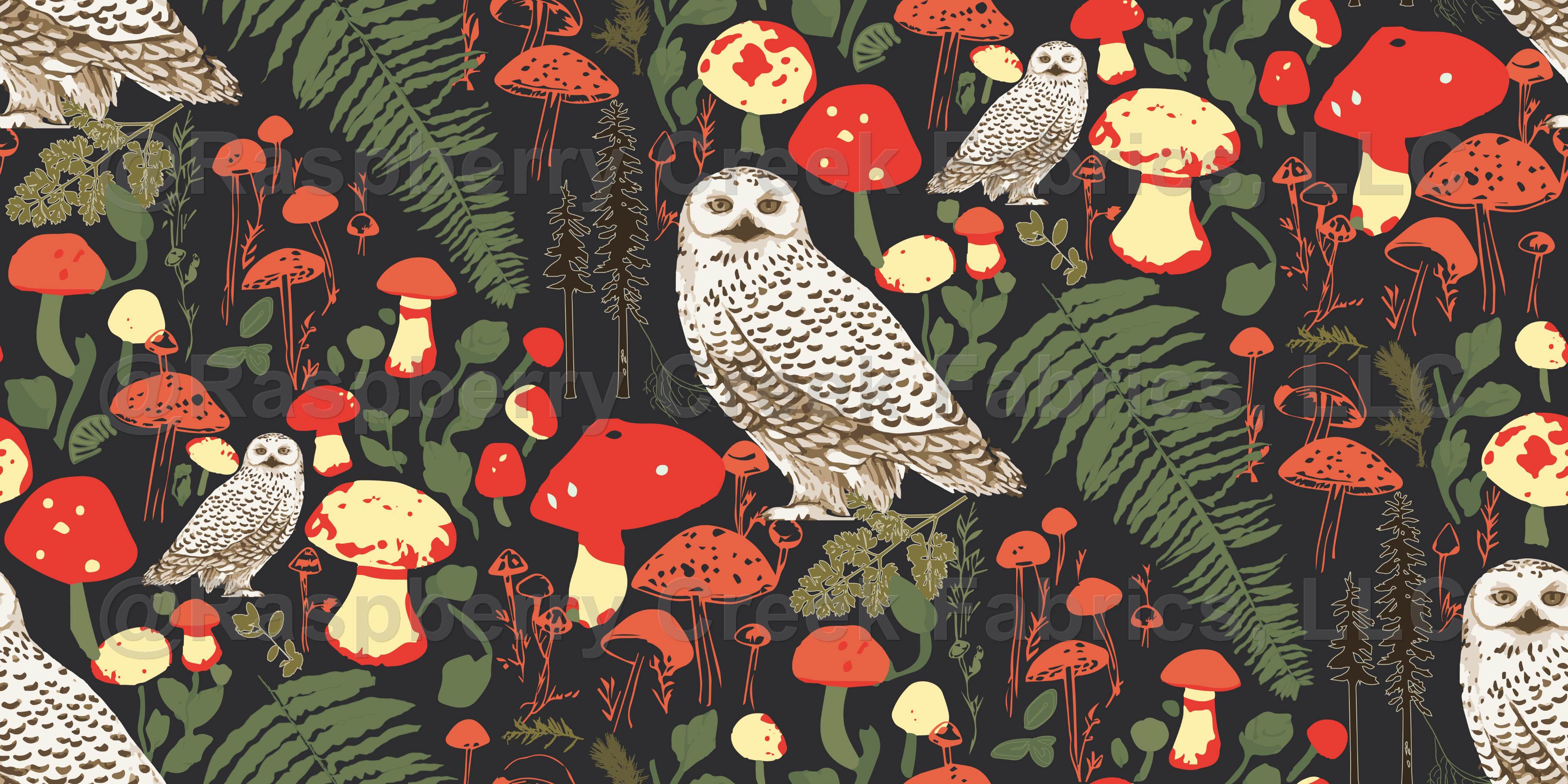 Cottagecore mushrooms and owls wallpaper Wallpaper, Raspberry Creek Fabrics, image size:3600x1800