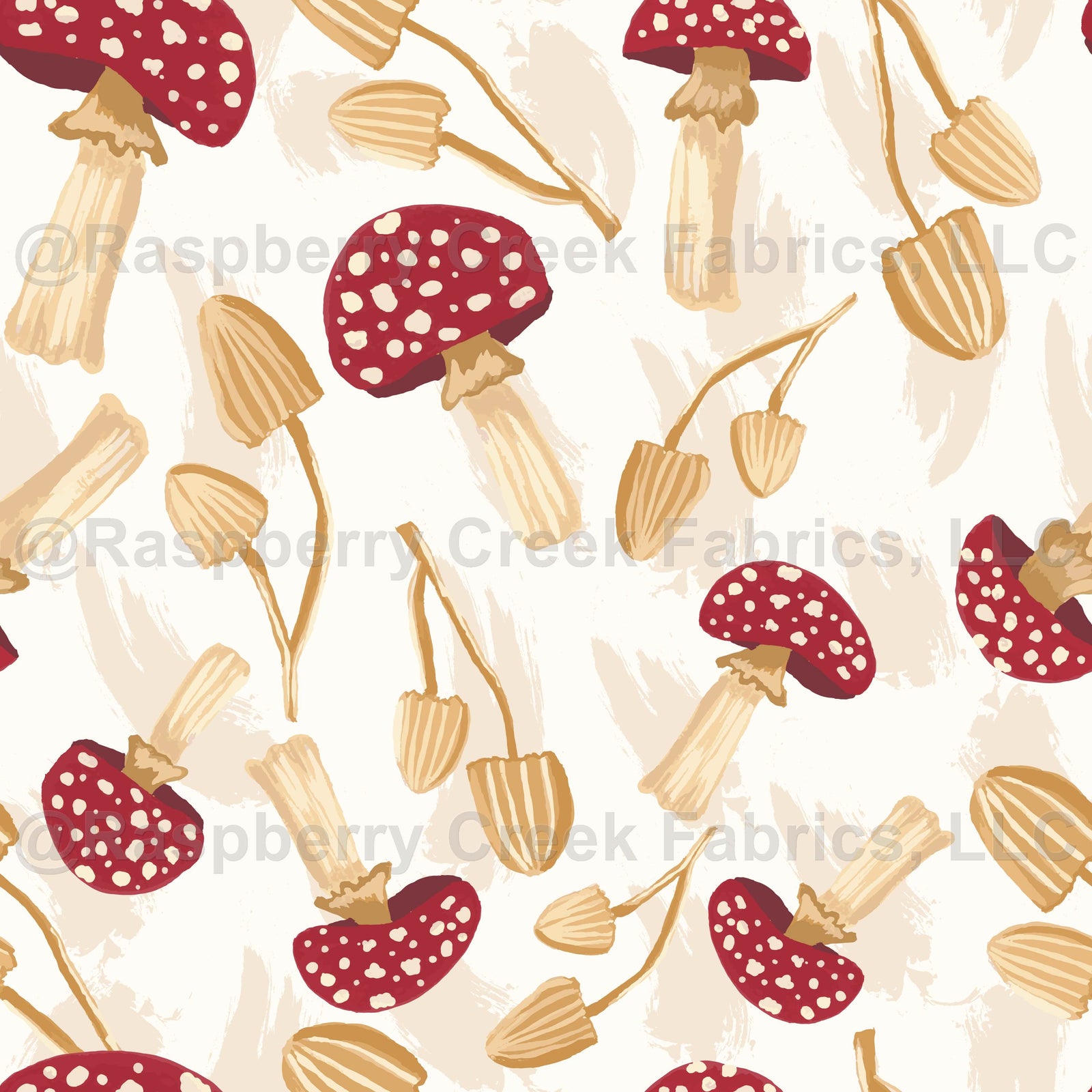 Gouache wild mushrooms tossed pattern with red mushrooms and beige mushrooms with brush strokes background.