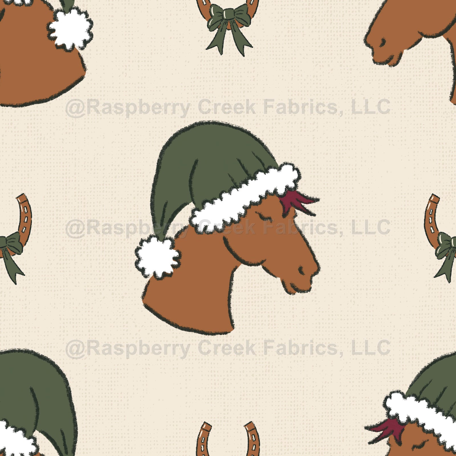 Christmas Horses in Santa Hats in Olive Green and Brown on Cream