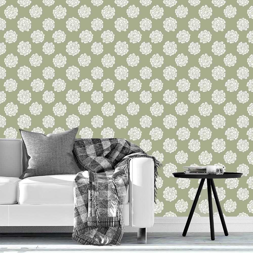 Organic Hand Drawn Stylized White Floral Motifs on Soulful Sage Green Wallpaper