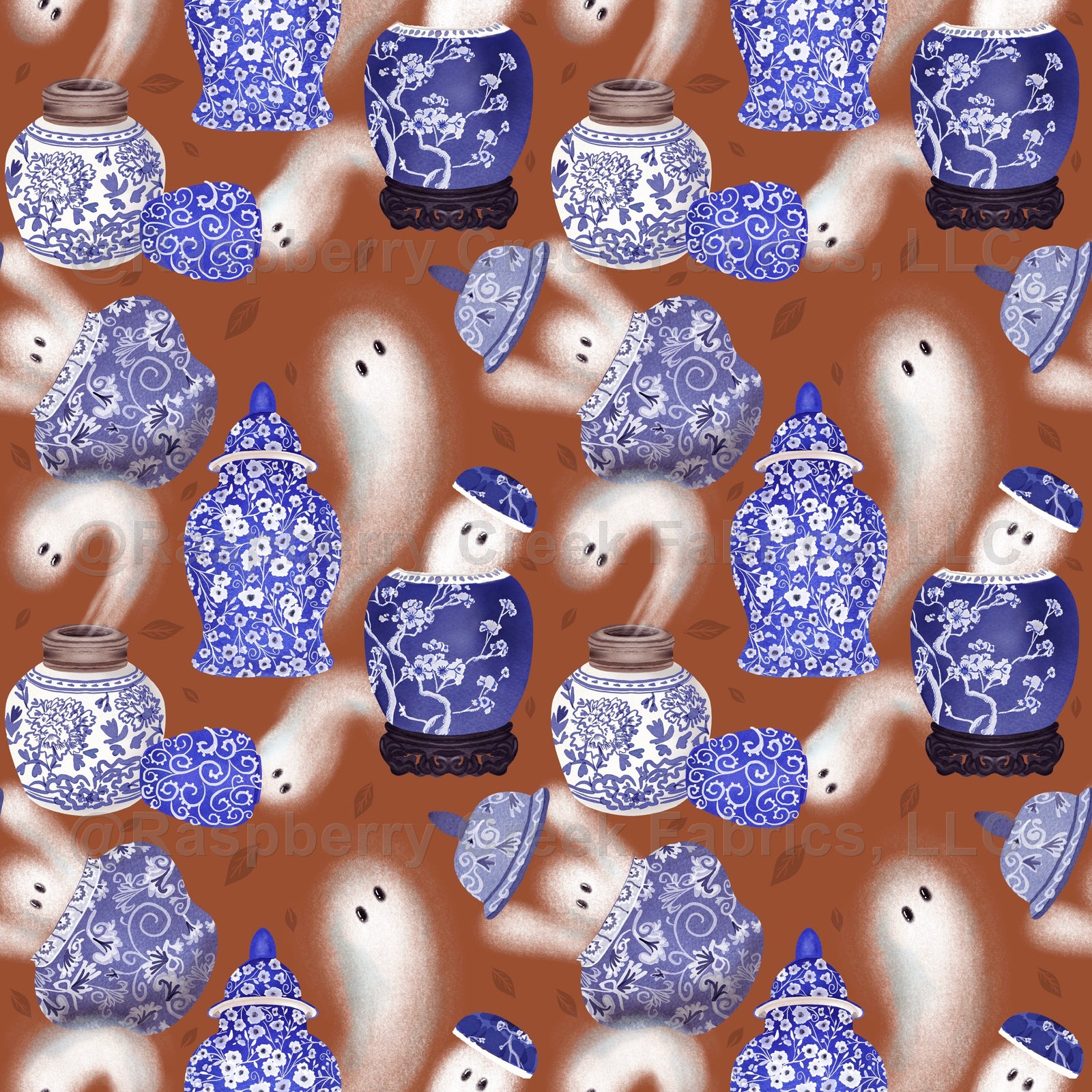 Ginger jars, ghosts, blue, chambray, fall, Halloween, rust, brown, spooky, kids, decor, adults, watercolor