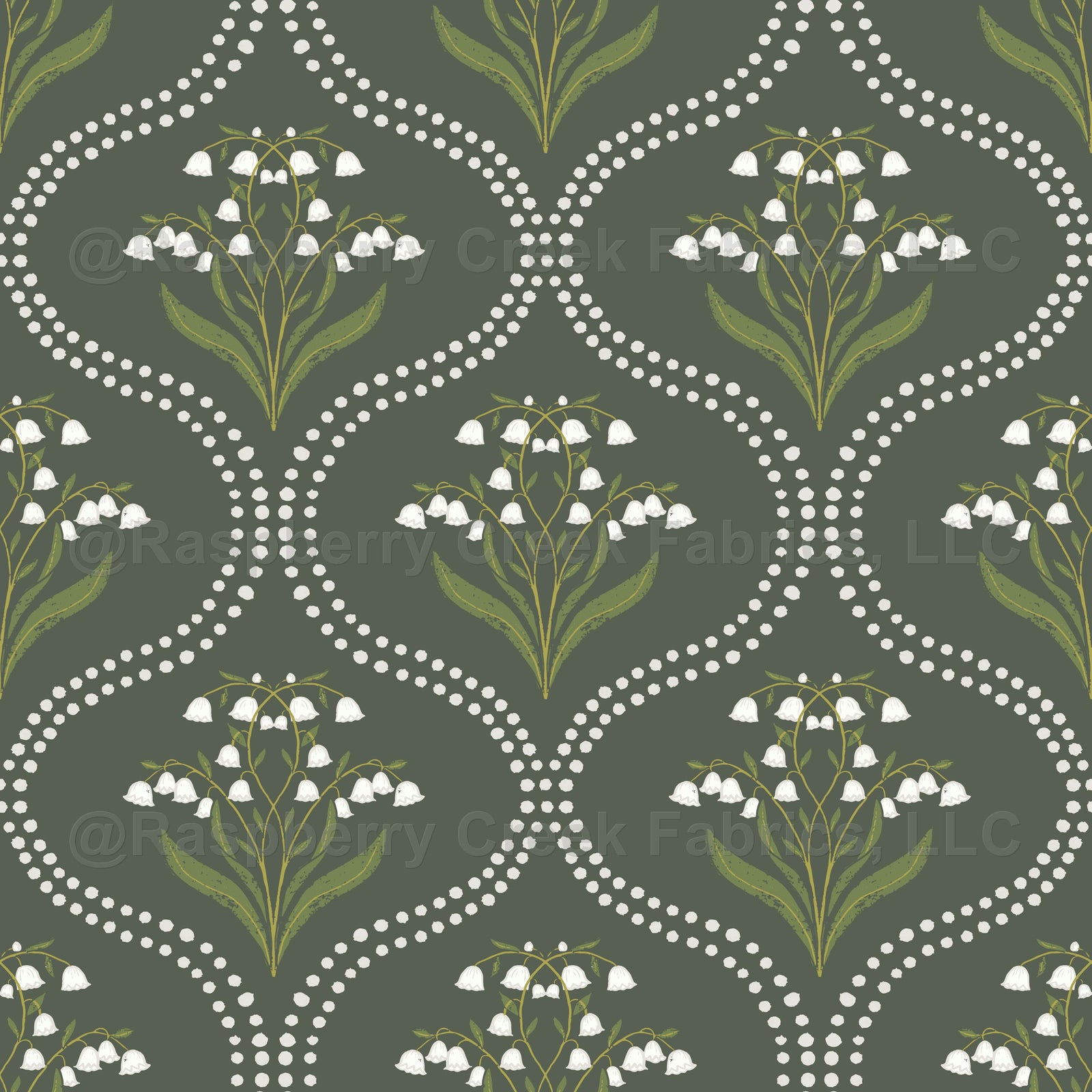 Lily of the Valley Ogee Dark wallpaper design by Lisee Ree | floral ogee pattern in hunter green