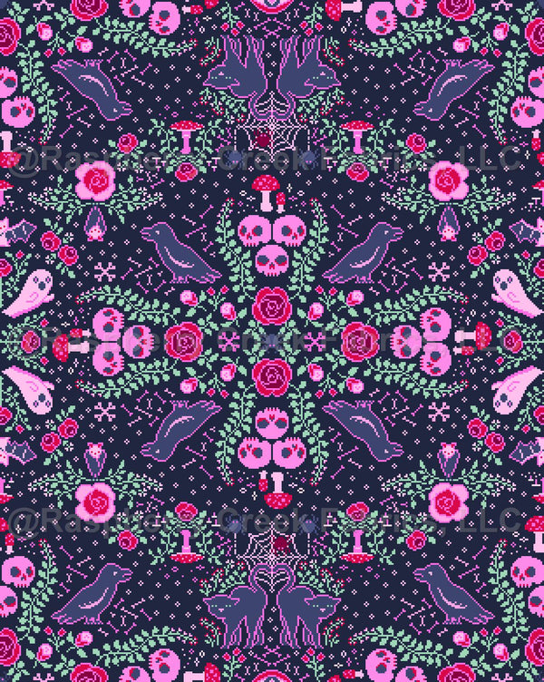 Cottagecore Halloween Witchcraft Floral Damask - Pixel Art with Skulls ...