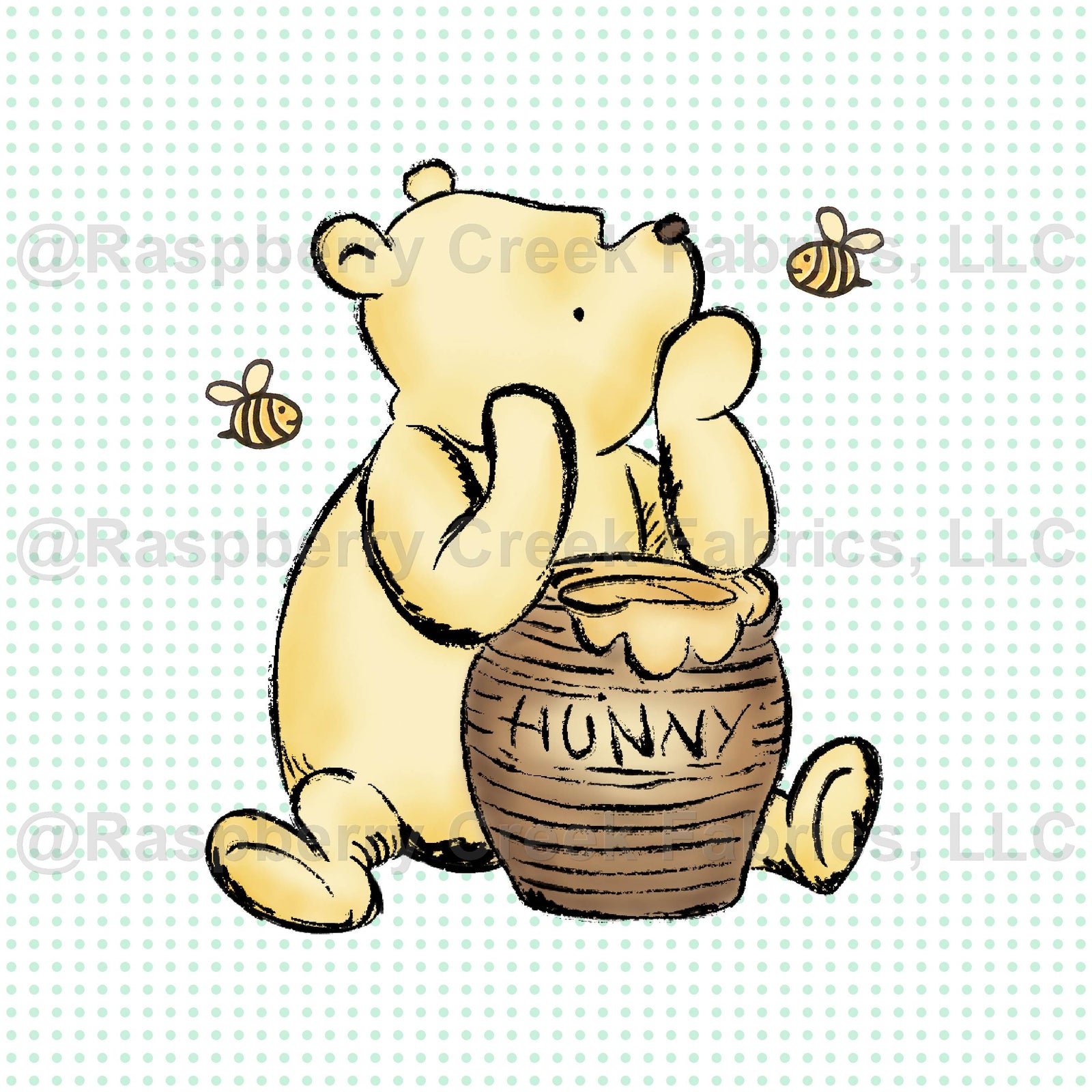 Classic Pooh and Hunny Pot Panel on Pale Mint Green Dots on White for DIY Throw Pillow Cushion Cover or Lovey