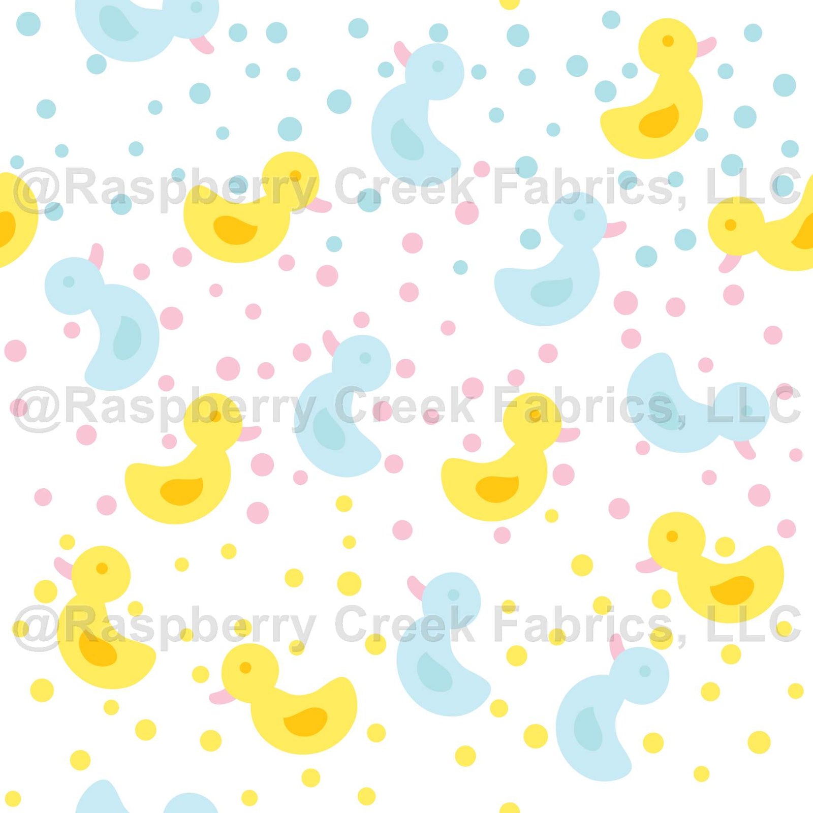 "Duckling Pond": Adorable ducklings and polka dots on a white background.