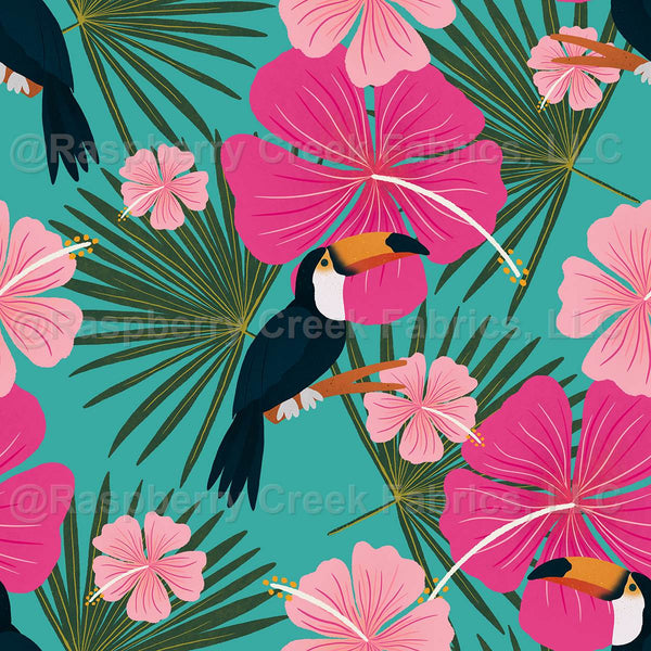 Toucan and hibiscus flowers - pink and turquoise - Raspberry Creek Fabrics