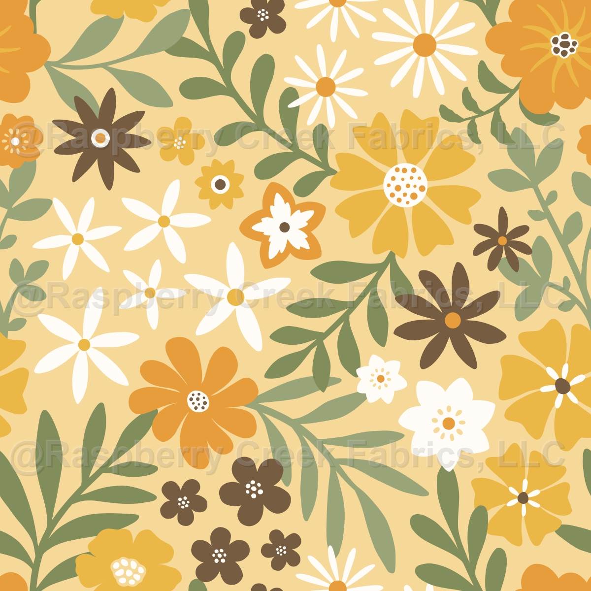 Graphic modern wildflowers and leaves - light orange olive