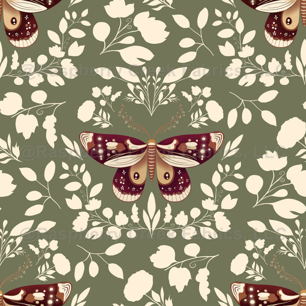 Enchanted Nocturne Moth on Olive Green Wallpaper - Raspberry Creek Fabrics