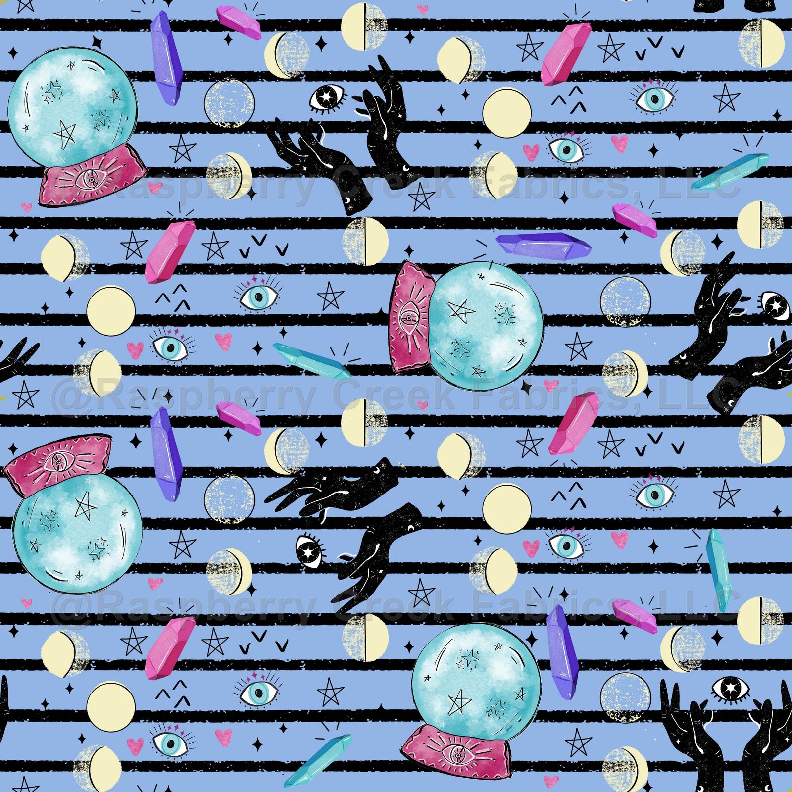 Pink, black, stars, witch, witchy, magic, evil eye, mystical, teen, girls, women, moon phase, crystals, purple, crystal ball, blue