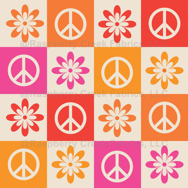 Checkered Colorful Groovy Flowers and Peace Signs - Raspberry Creek Fabrics