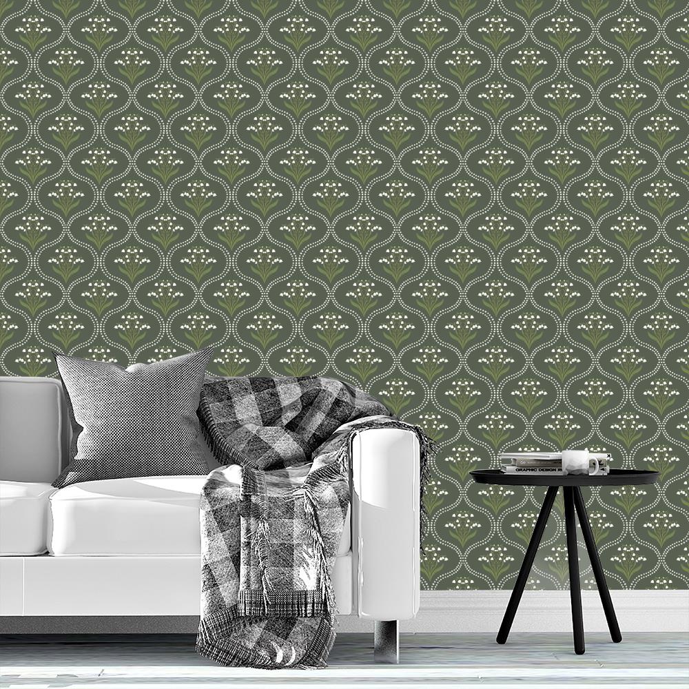 Lily of the Valley Ogee Dark wallpaper design by Lisee Ree | floral ogee pattern in hunter green