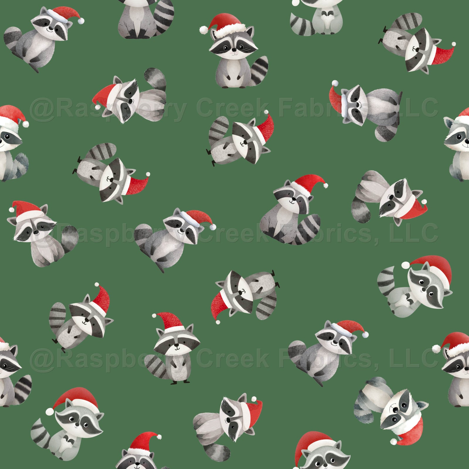 Tossed Christmas Raccoons on Green