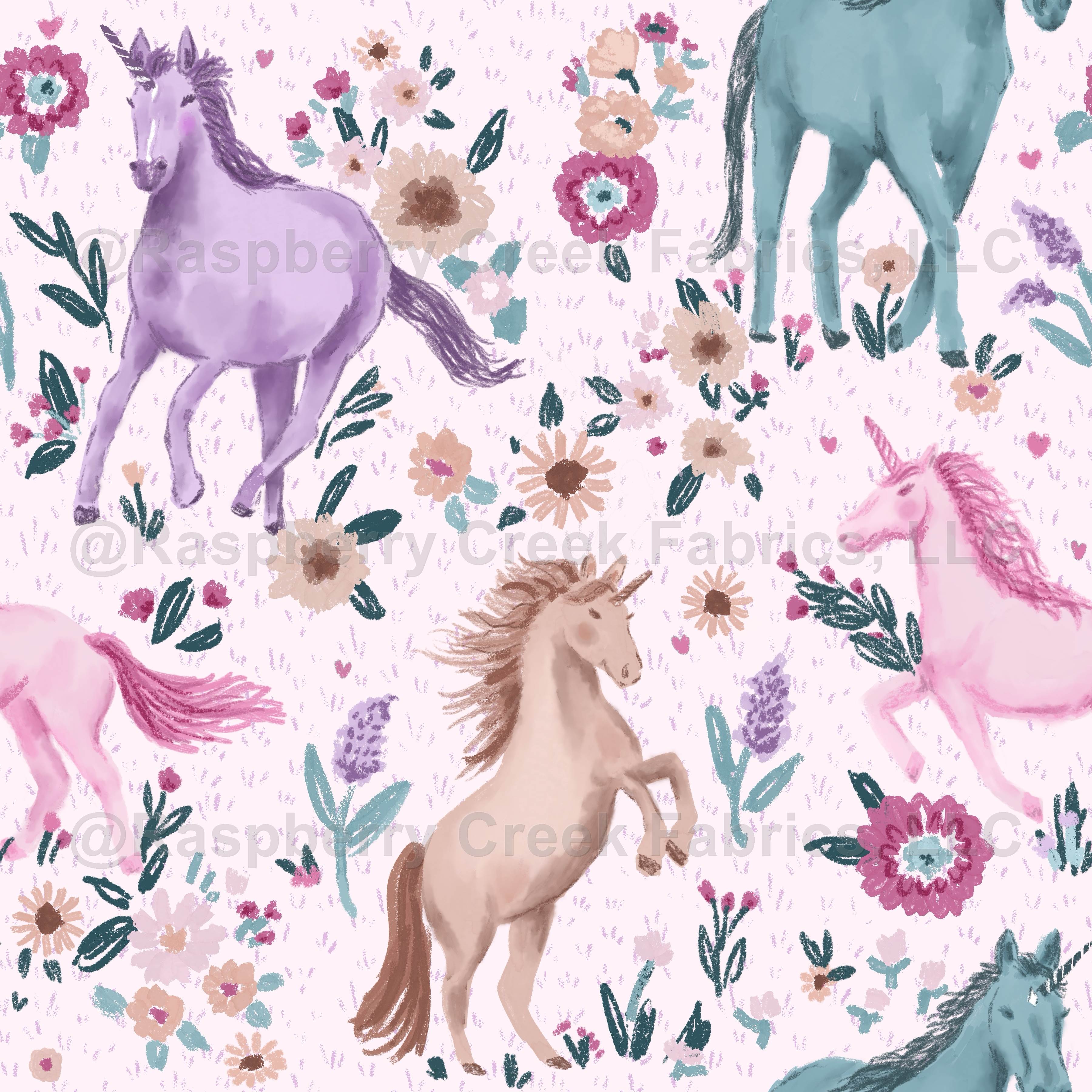 Unicorns Frolicking Floral on Pink watermarked