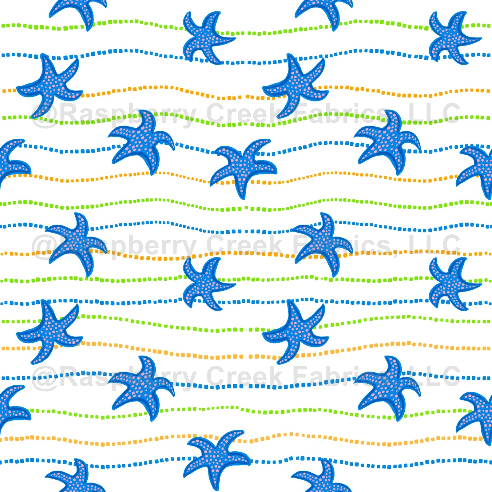 white, safe swim, swim, ocean, summer, bright, stripe, movement, dots, Florida, swimwear, blue, orange, boys, girls, wavy, starfish, sea Fabric, Raspberry Creek Fabrics, watermarked