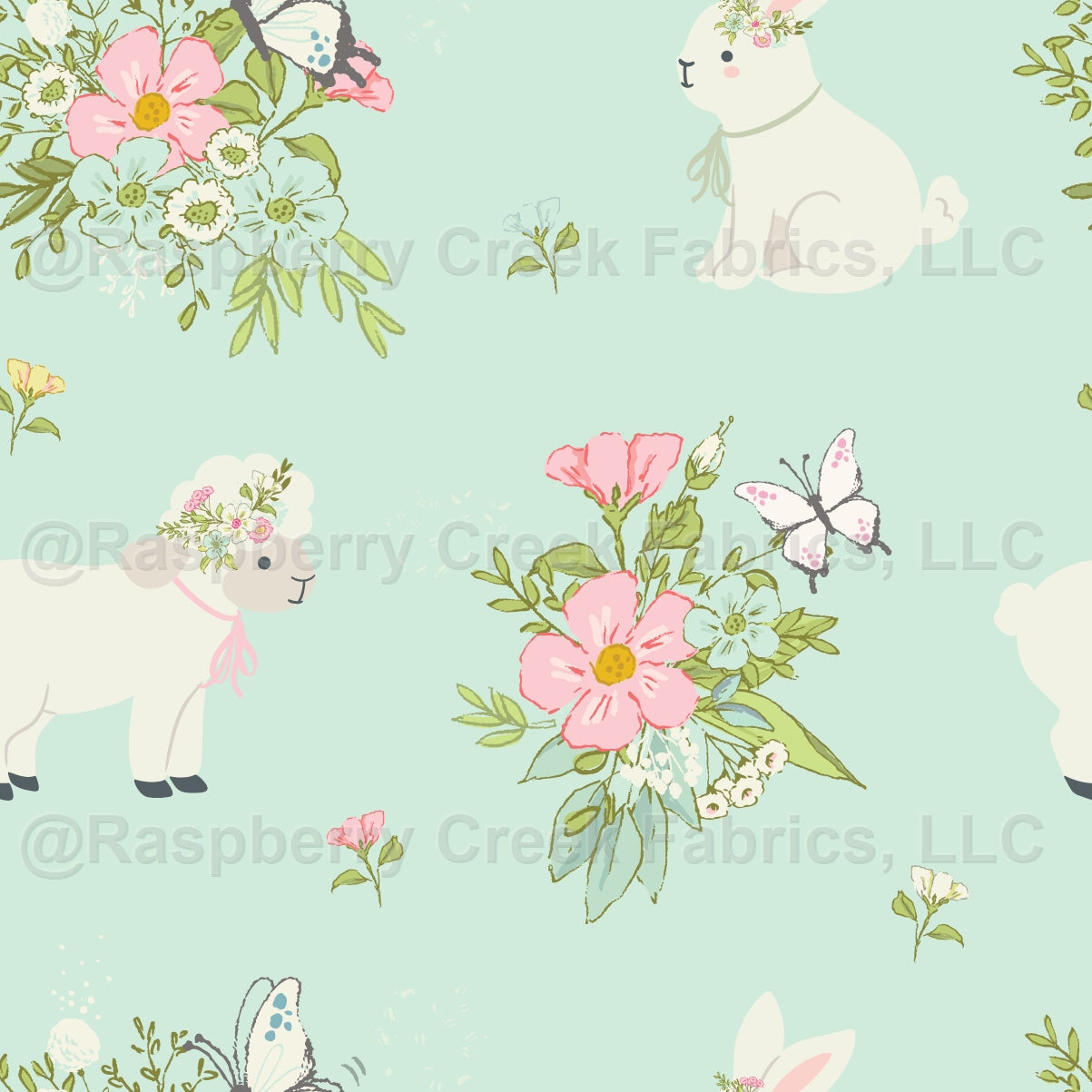 Floral Lamb and Bunny - MINT Fabric, Raspberry Creek Fabrics, watermarked
