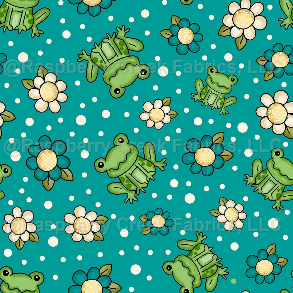 Spring Frogs and Flowers on Turquoise Fabric, Raspberry Creek Fabrics, watermarked
