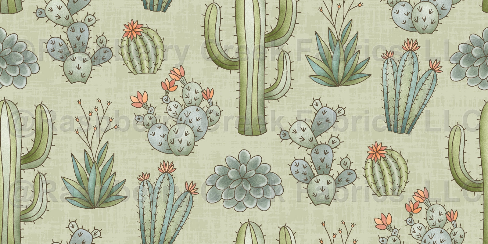 Mesa Cactus Aloe Fabric, Raspberry Creek Fabrics, watermarked