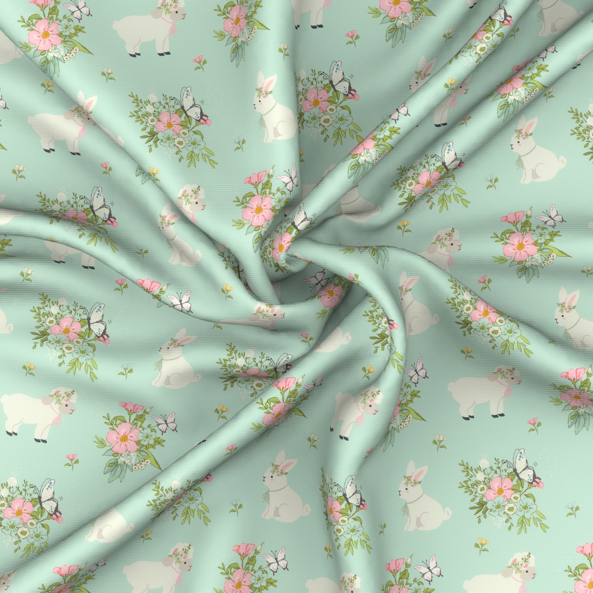 Floral Lamb and Bunny - MINT Fabric, Raspberry Creek Fabrics