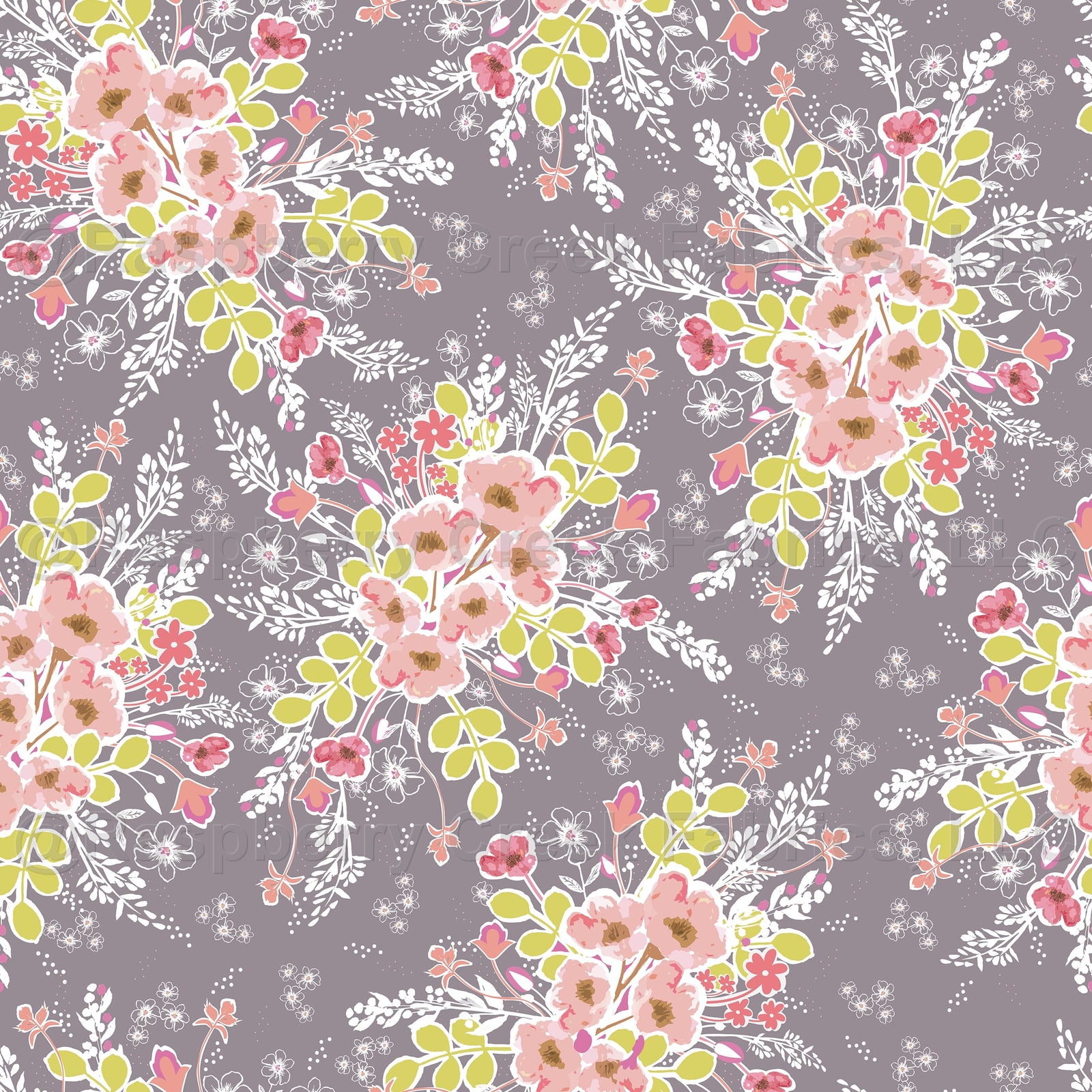 Jenny's Bouquet - Pink/White/Green on Heather , Raspberry Creek Fabrics, watermarked