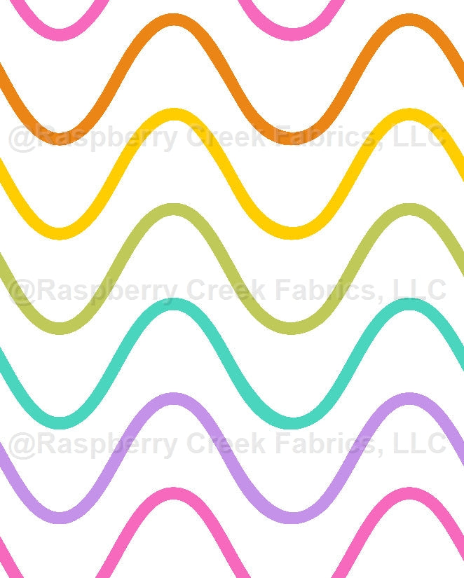 Groovy Rainbow Wave White Fabric, Raspberry Creek Fabrics, watermarked