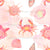 Beach Collection:  Hand-drawn seashells, crabs and watercolor hues of pink, orange, yellow and white bring a subtle coastal charm in fabric. Image