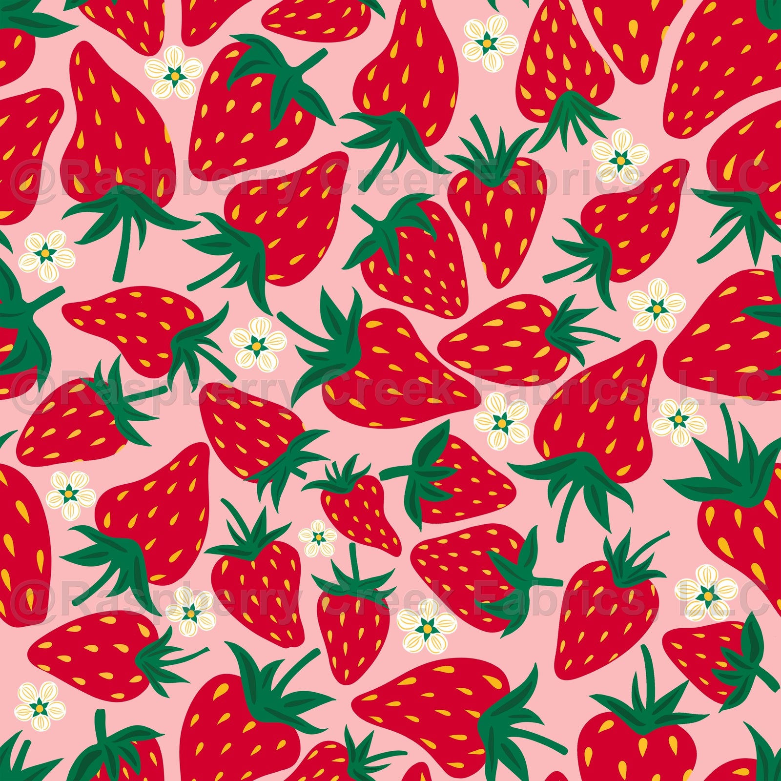 Wild Strawberries On Pink Fabric and Wallpaper Print by Lisa Wornham Designs, Wild Strawberries Collection