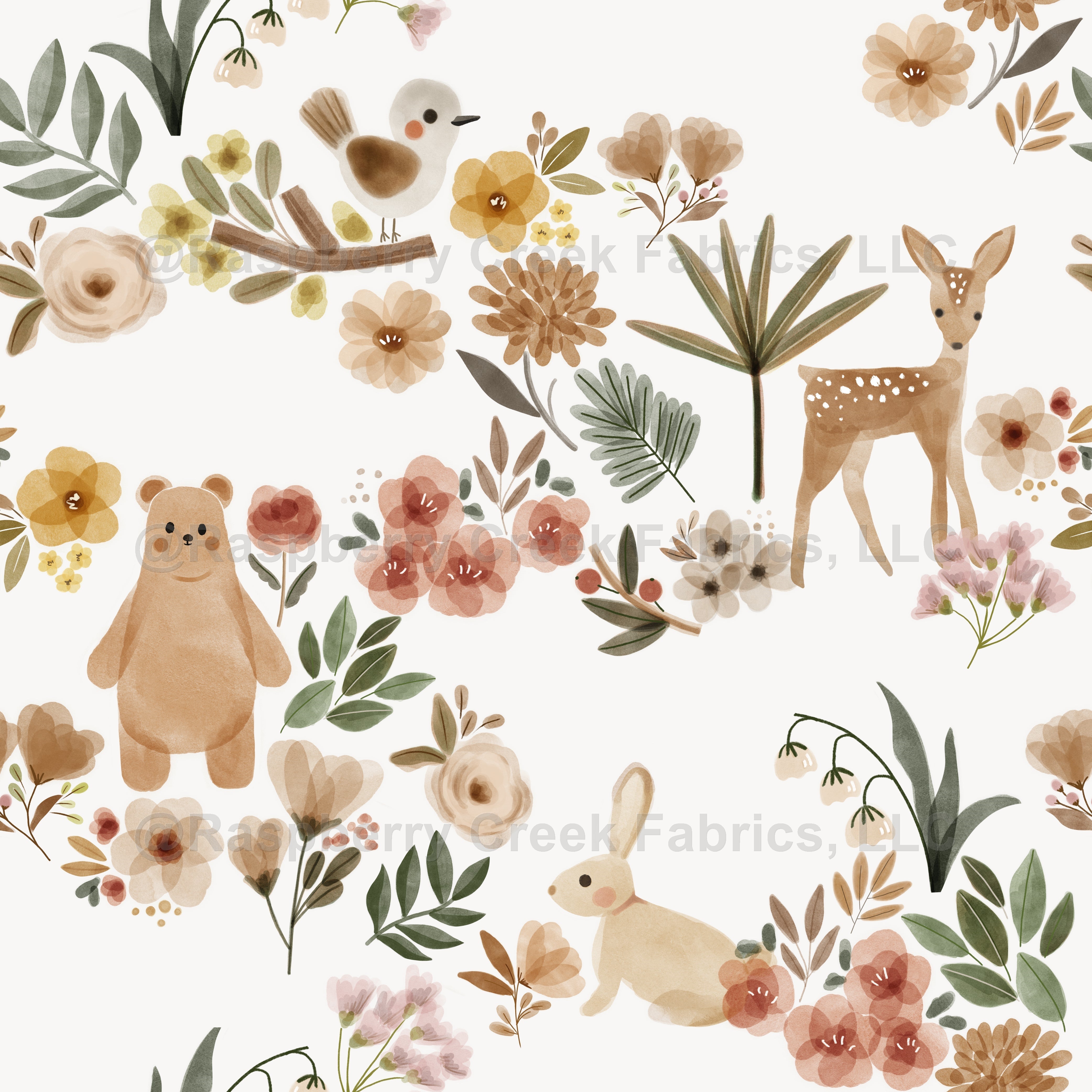Woodland Party with animals bear, deer, rabbit in neutral Fabric, Raspberry Creek Fabrics, watermarked