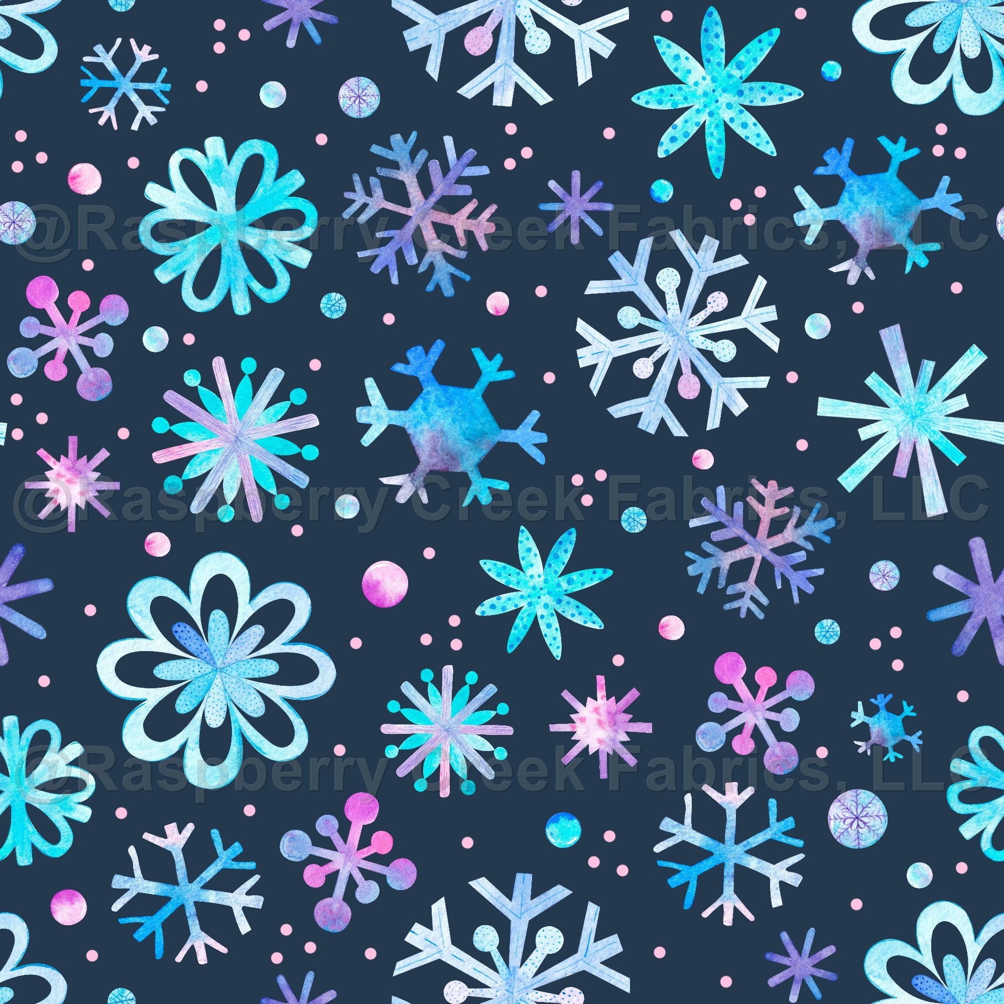 Colorful Watercolor Snowflakes Chillin' With My Snowmies Collection on Navy Fabric, Raspberry Creek Fabrics, watermarked