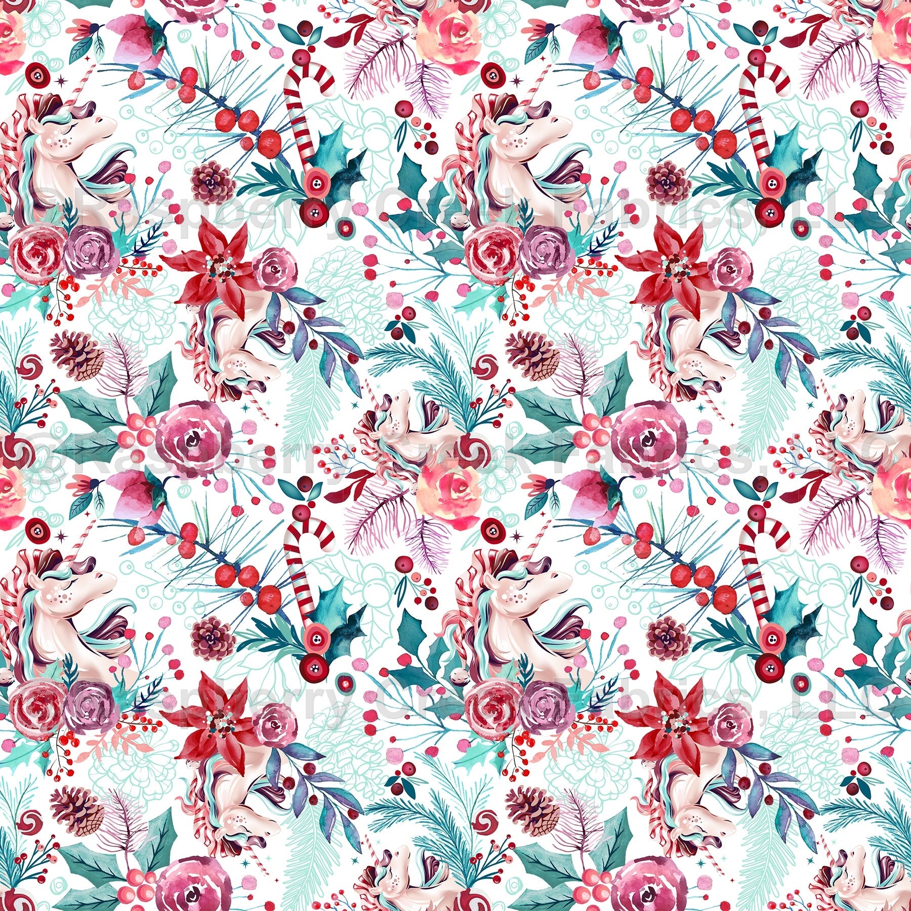 Unicorn Floral - Whimsical Christmas Watercolor Print - Poinsettia Flowers Fabric, Raspberry Creek Fabrics, watermarked