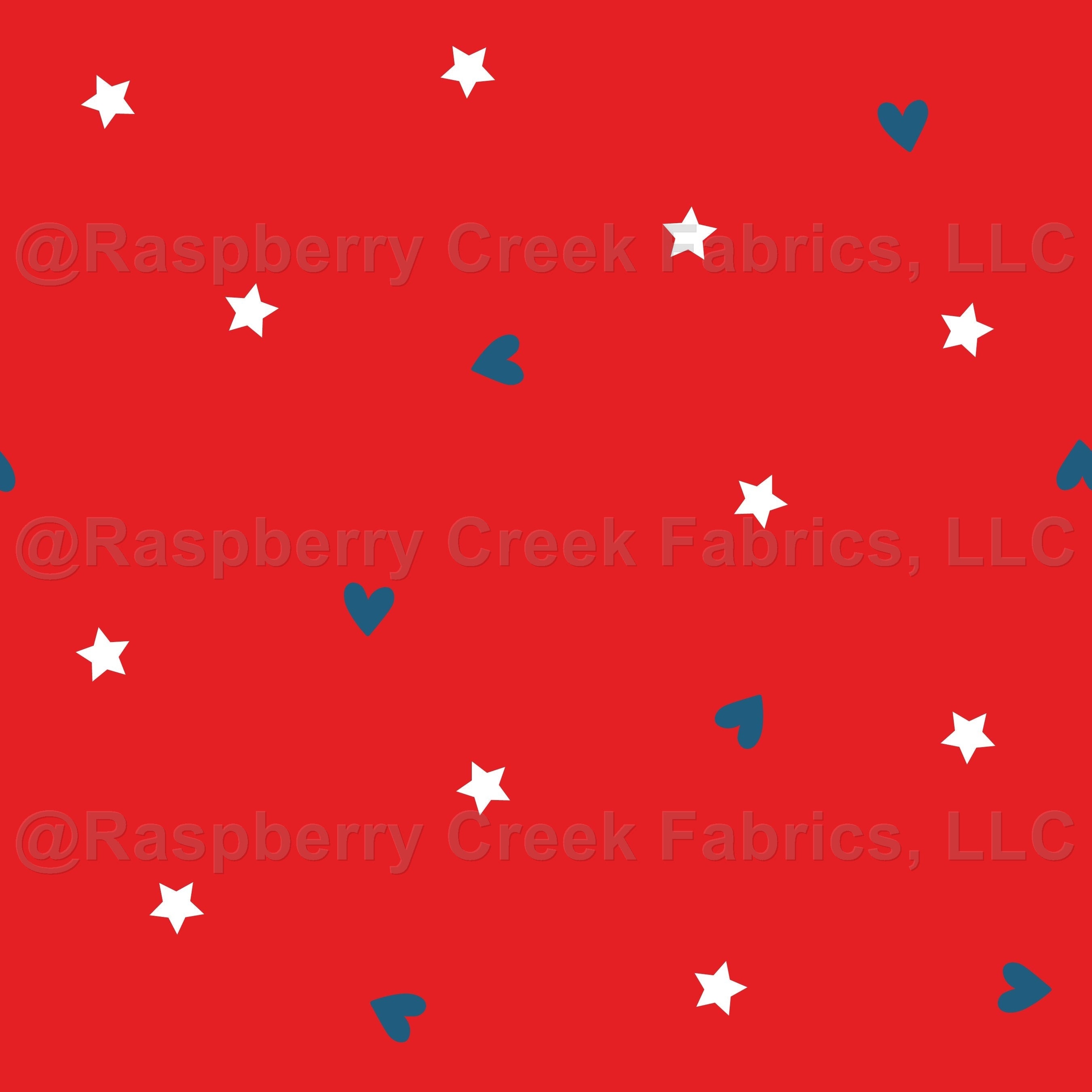 stars and hearts on red Fabric, Raspberry Creek Fabrics, watermarked
