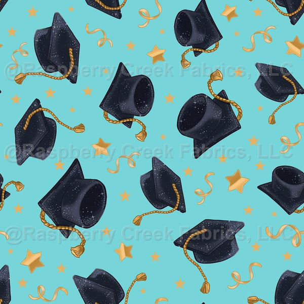 Graduation Caps Stars and Streamers on Aqua Blue - Raspberry Creek Fabrics