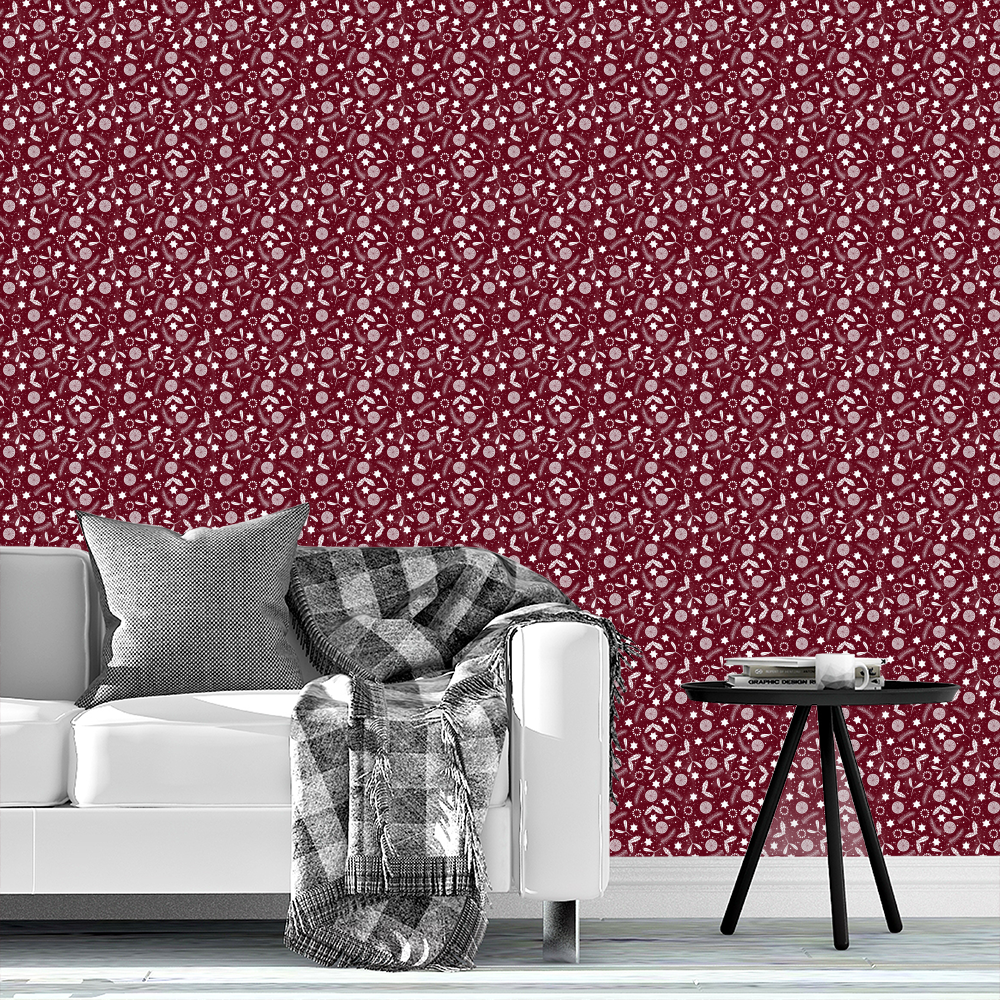 Festive Christmas print orange stars mistletoe holly and pine tree branch on burgundy red by denesannadesign