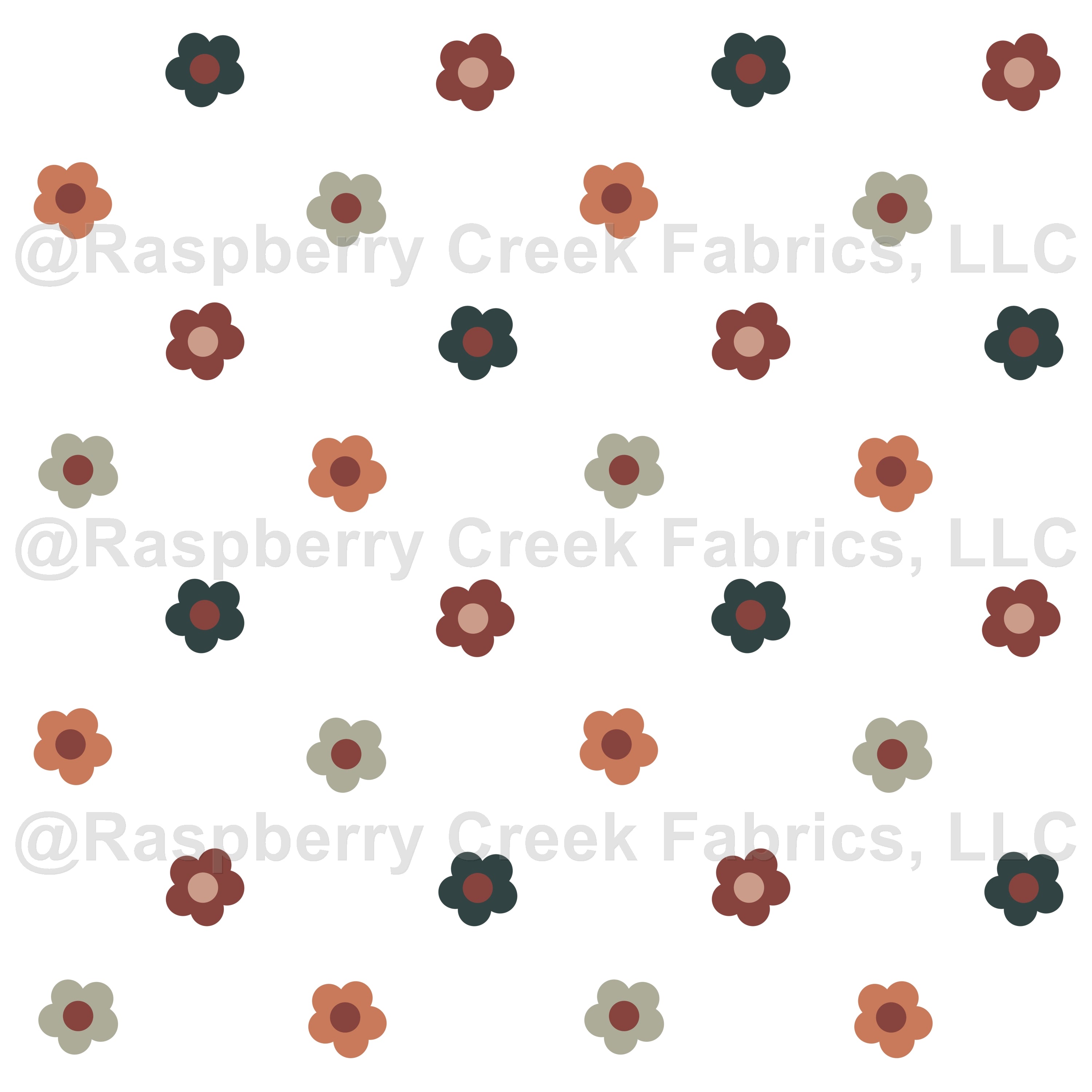 Retro Flowers - small scale - boho on white colorway Fabric, Raspberry Creek Fabrics, watermarked