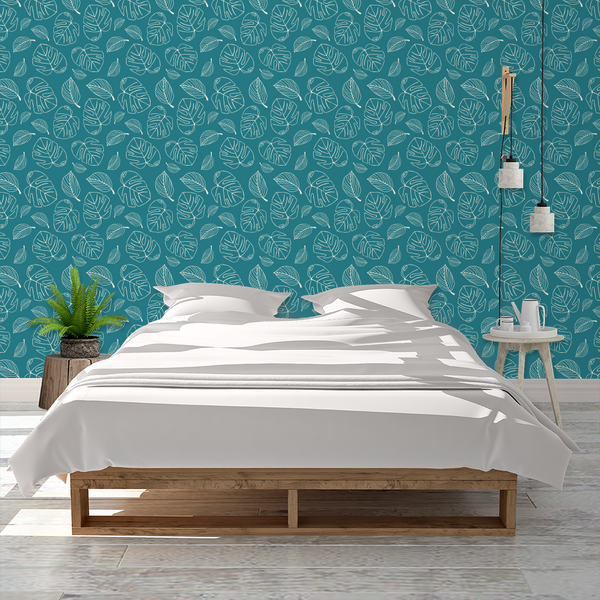 Dark Teal and White Tropical Monstera Leaves Wallpaper, Raspberry Creek  Fabrics