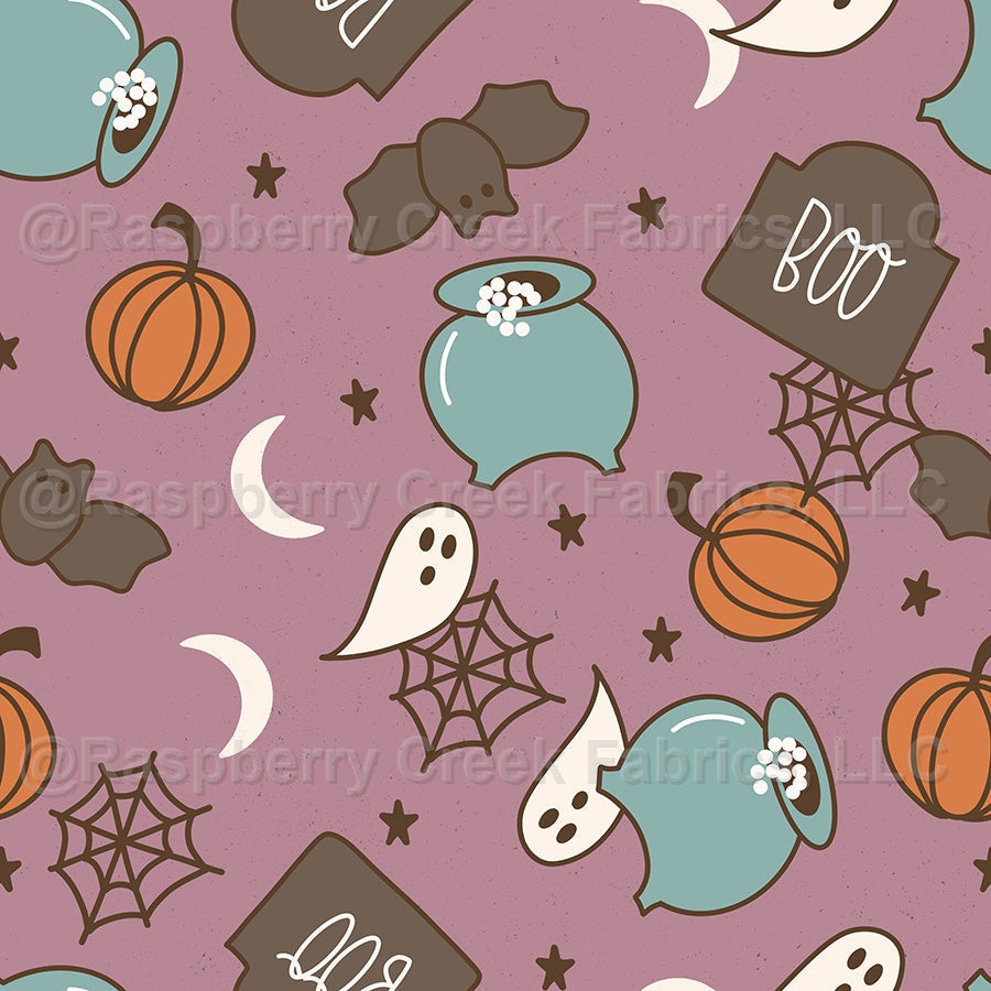 Halloween on Plum _ Boho Halloween Fabric, Raspberry Creek Fabrics, watermarked