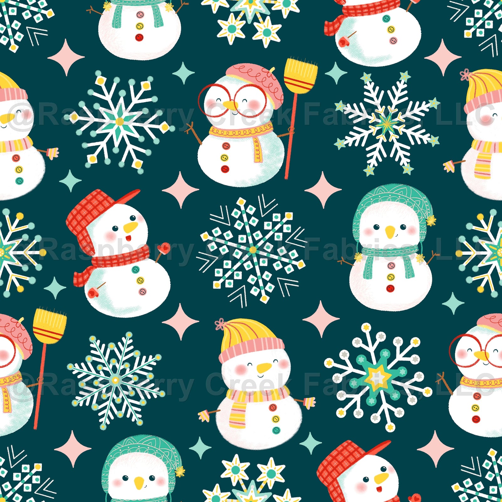 Snowmen and Ice Crystals on Navy
