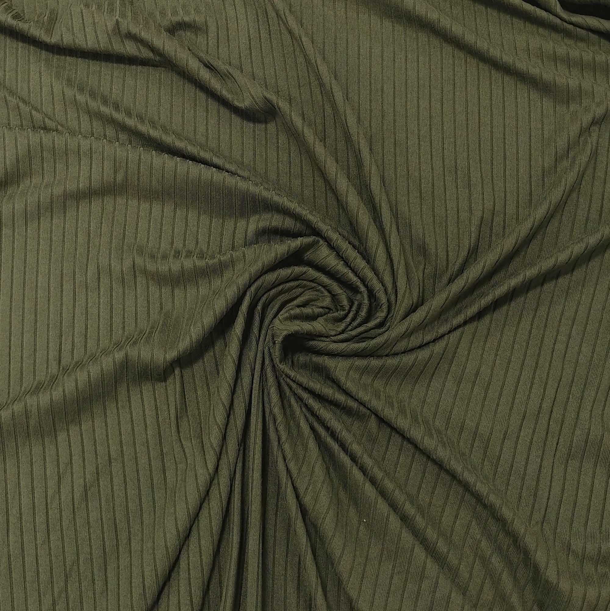 Solid Olive Green Poly Spandex 4 Way Stretch 8x3 Rib Knit Fabric, Raspberry Creek Fabrics, watermarked, restored