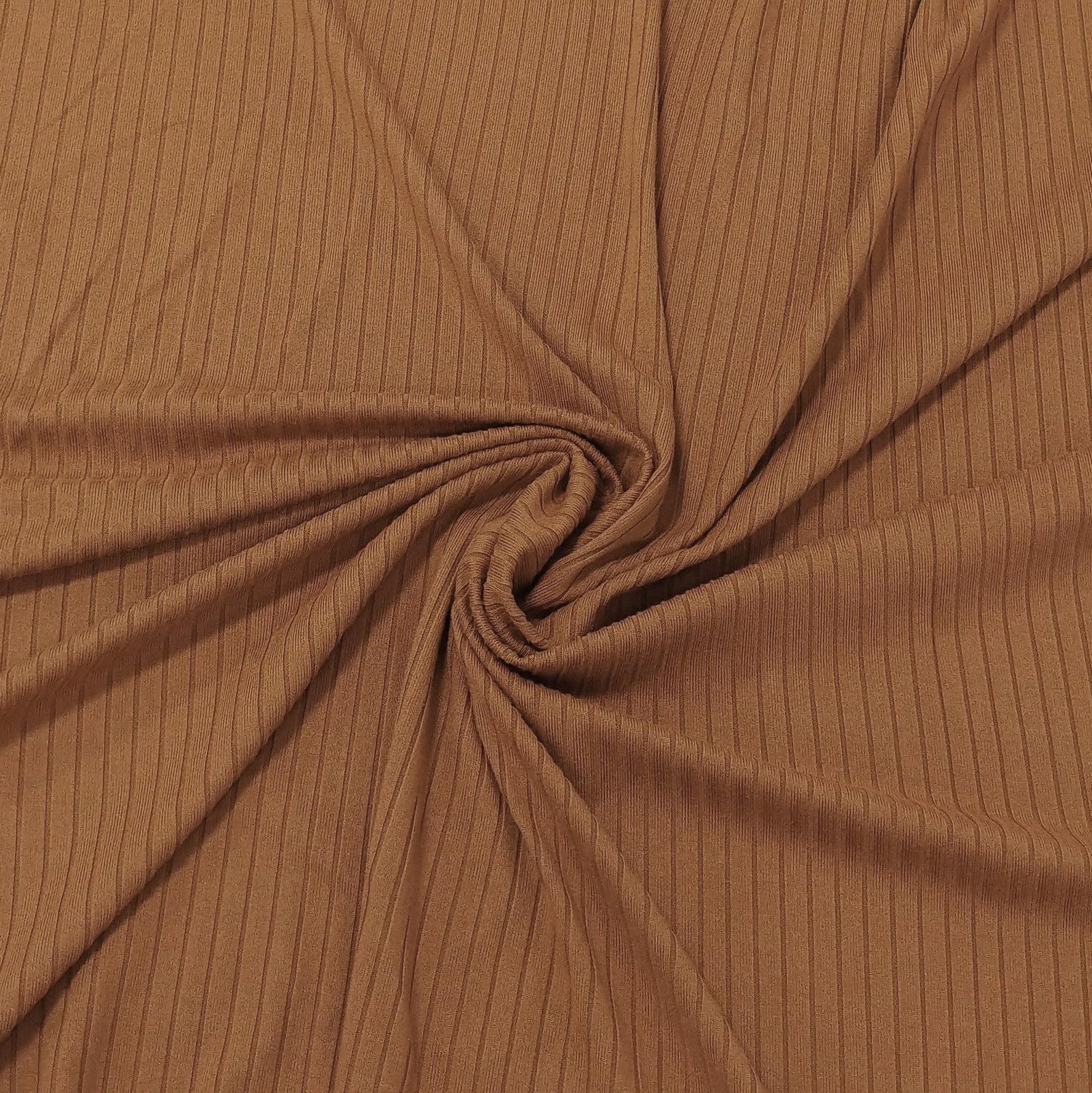 Solid Clay Adobe Rust Poly Spandex 4 Way Stretch 8x3 Rib Knit Fabric, Raspberry Creek Fabrics, watermarked, restored