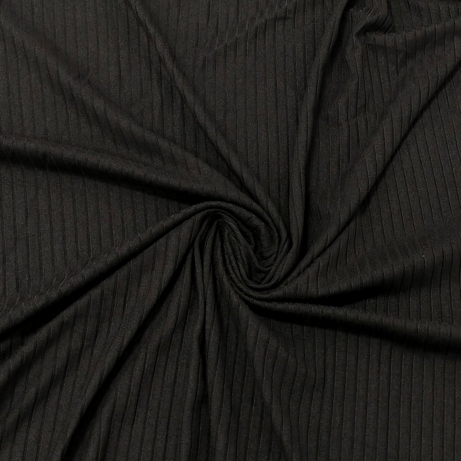 Solid Black Poly Spandex 4 Way Stretch 8x3 Rib Knit Fabric, Raspberry Creek Fabrics, watermarked, restored