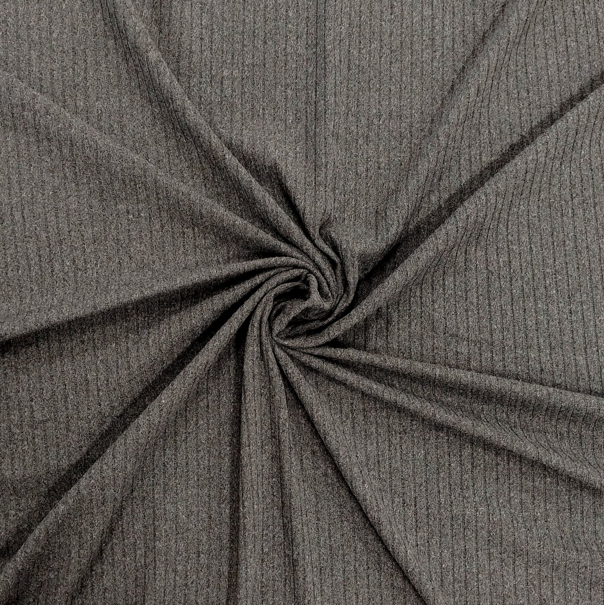 Solid Heathered Charcoal Grey Poly Spandex 4 Way Stretch 8x3 Rib Knit Fabric, Raspberry Creek Fabrics, watermarked, restored