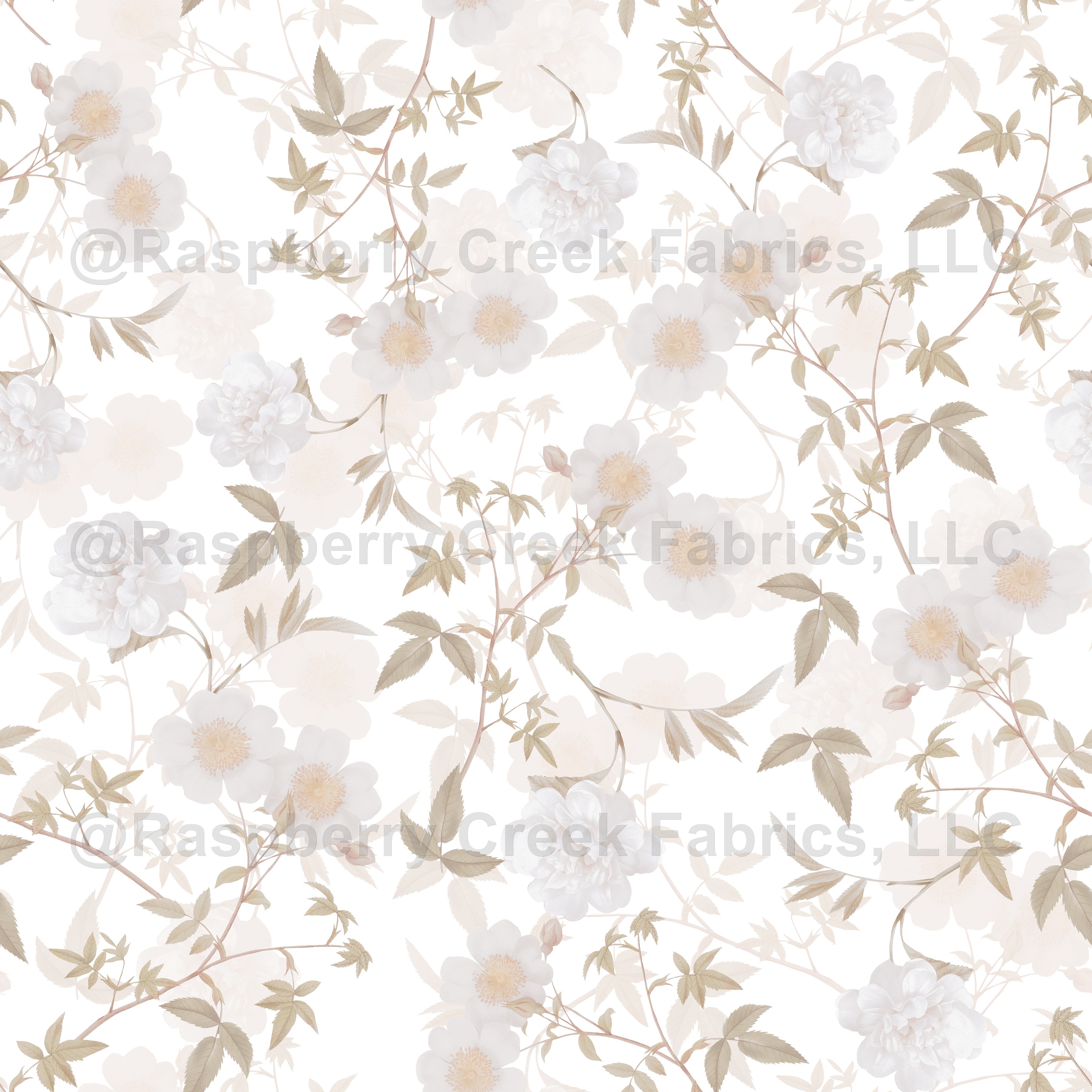 Vintage  Redouté  Roses White Wallpaper, Raspberry Creek Fabrics, watermarked