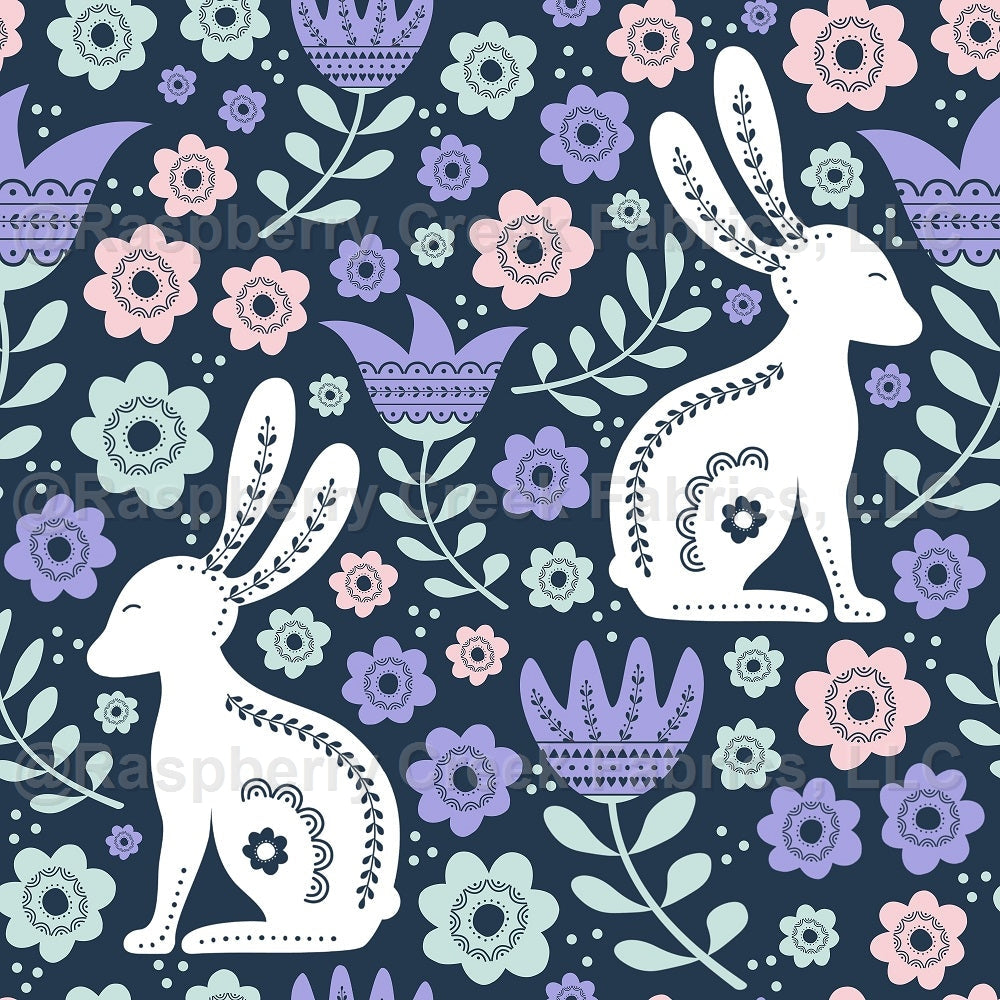 Folk Easter Bunnies on Navy Fabric, Raspberry Creek Fabrics, watermarked