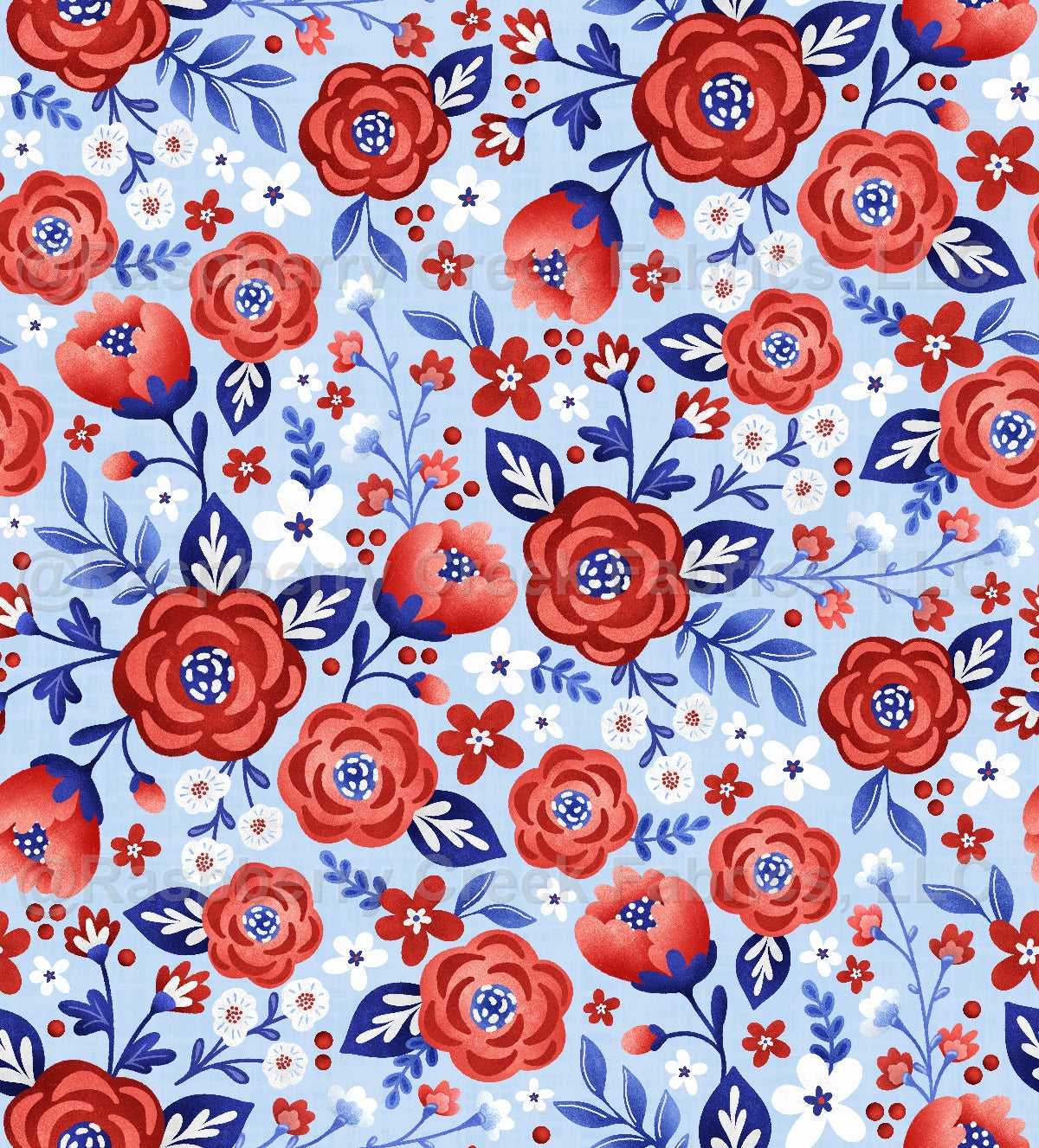 All American Floral Blue Fabric, Raspberry Creek Fabrics, watermarked