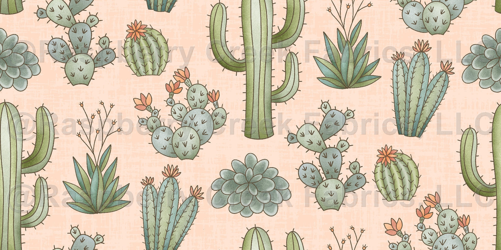 Mesa Cactus Peach Fabric, Raspberry Creek Fabrics, watermarked