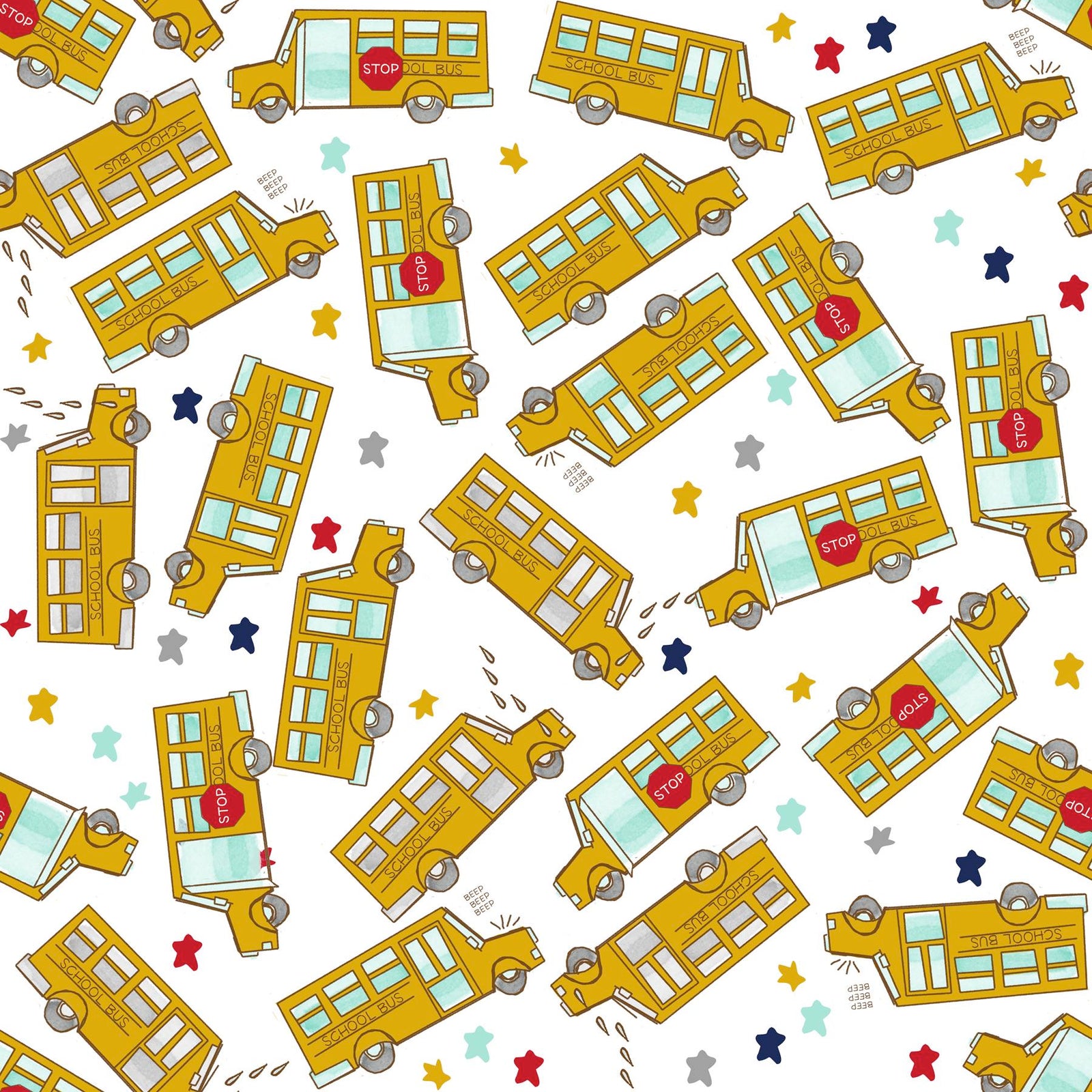 Mustard Mint Red Navy and Grey Tossed School Bus and Star Print Fabric, Back to School by Bri Powell
