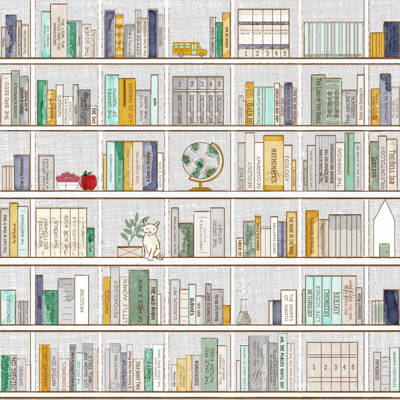 Grey Mustard Mint Navy and Sage Bookshelf Stripe Print Fabric, Back to School by Bri Powell