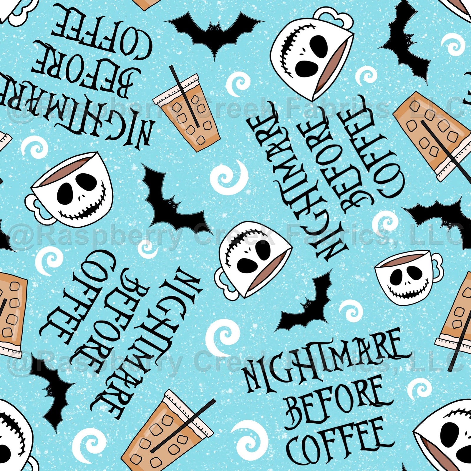 Nightmare Before Coffee Funny Sarcastic Halloween King on Blue Fabric, Raspberry Creek Fabrics, watermarked