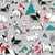 Origami Christmas doggie friends // grey linen texture background black and white dog breeds with red and turquoise green Santa hats stars Holiday socks trees and mountains Image