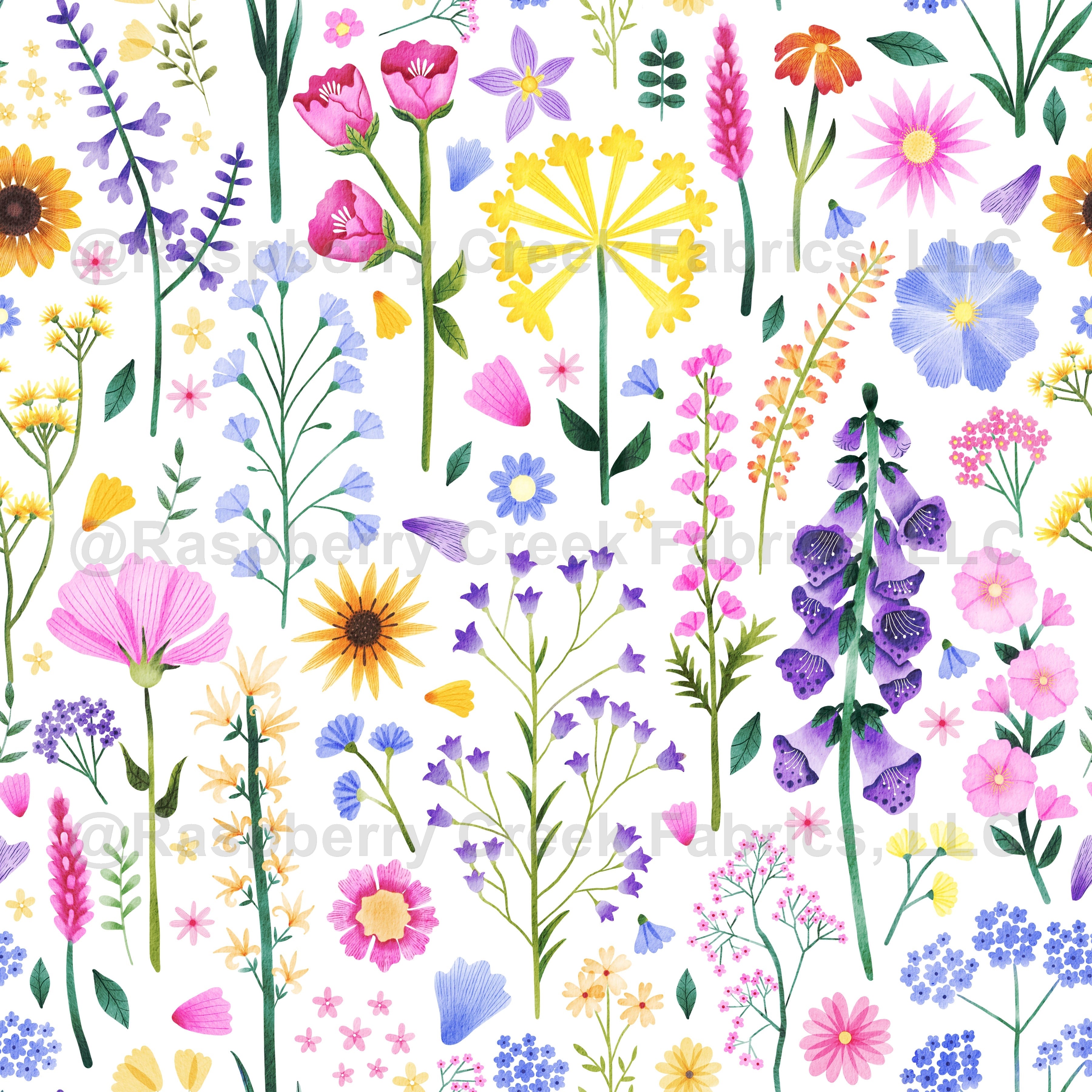 Wildflowers on White Wallpaper, Raspberry Creek Fabrics, watermarked